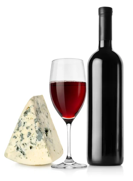 Wine bottle, wineglass and cheese — Stock Photo, Image