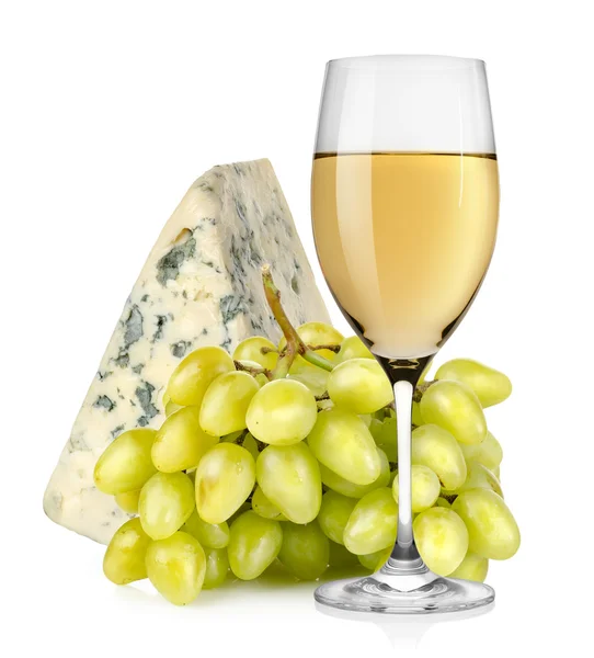 Wineglass cheese and grapes isolated — Stock Photo, Image