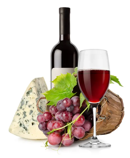 Wine cheese and grape in basket — Stock Photo, Image