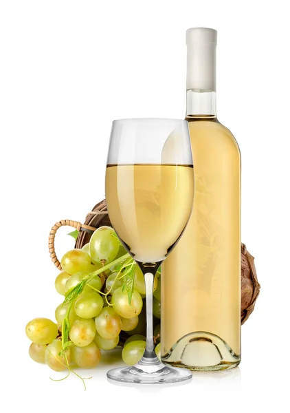 White wine bottle and grapes in basket — Stock Photo, Image