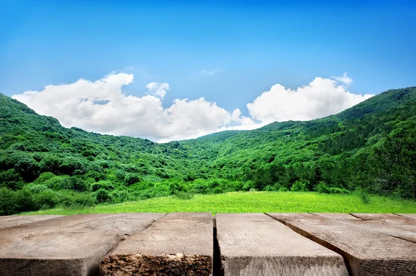 Berge und Holzboden — Stockfoto