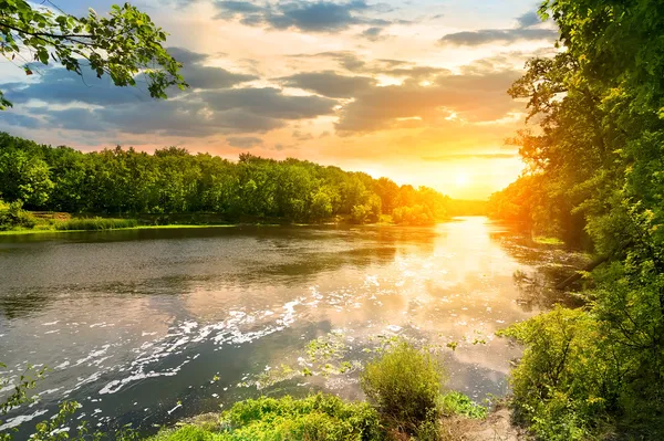 Puesta de sol sobre el río en el bosque — Foto de Stock