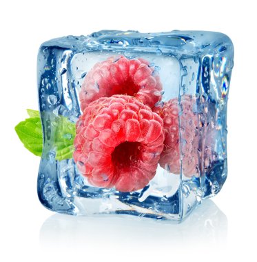 Ice cube and raspberries isolated clipart