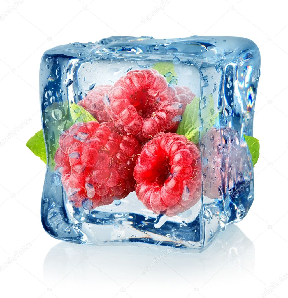 Ice cube and raspberries