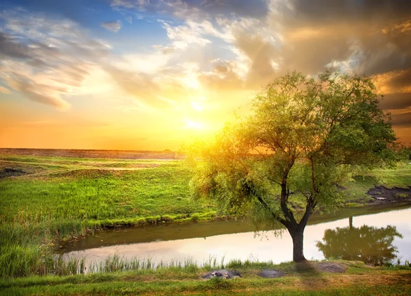 Puesta de sol sobre el río primavera — Foto de Stock