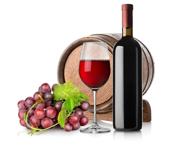 Wine with grape and barrel — Stock Photo, Image