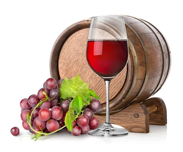 Wineglass with grape and barrel — Stock Photo, Image