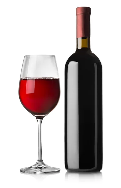 Glass and black bottle of red wine — Stock Photo, Image