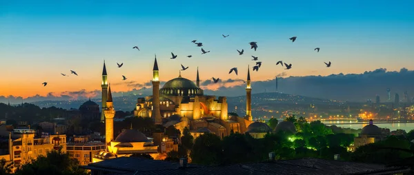 成群的鸟儿飞过清真寺 — 图库照片