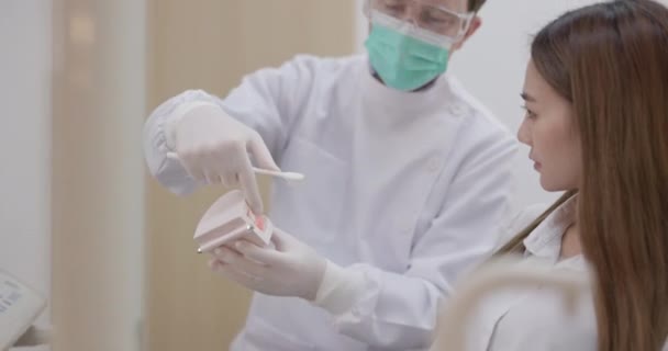 Ortodoncistas Dentistas Debaten Planes Tratamiento Mientras Utilizan Modelos Dentales Los — Vídeo de stock