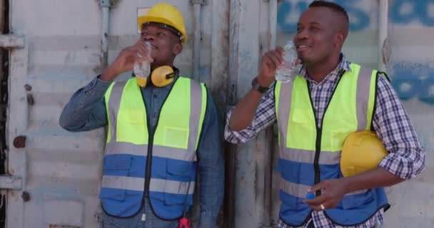 Two Construction Workers African Descent Break Building Work Happy Drink — Stock video