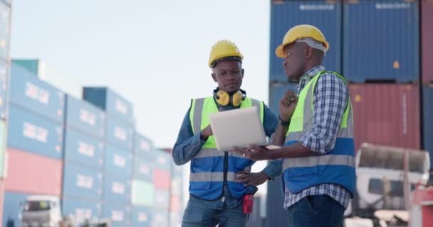 Front Large Industrial Harbor Cargo Background Two Engineer Male Worker — kuvapankkivideo