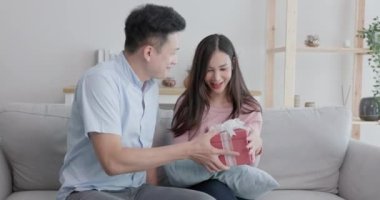 Oturma odasındaki kanepede, genç bir adam muhteşem kadın sevgilisine bir hediye paketi sunar. Sevgililer Günü 'nde, şaşırmış bir kadın eşinden çok etkilenir ve kendinden geçer..