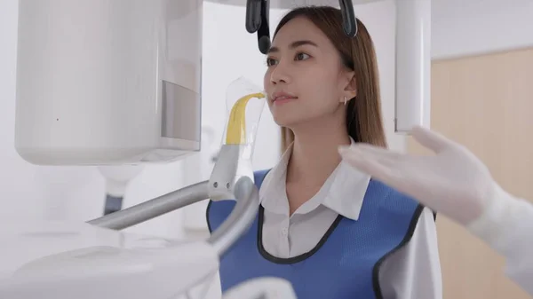 Panoramic Ray Machine Dentist Aligns Bite Woman Dental Clinic Woman — Stock Photo, Image