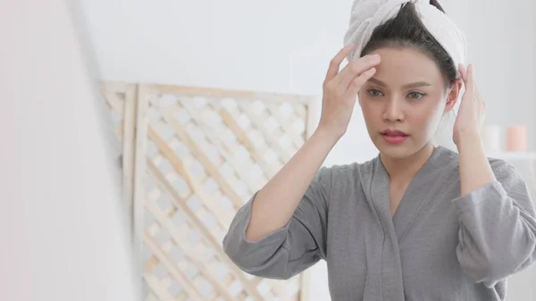 Spa Background Young Gorgeous Woman Towel Her Head Cheerfully Touches — Stock Photo, Image