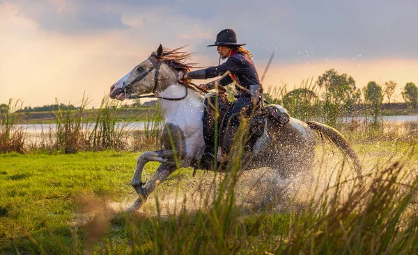 Cowboys Equitação Cavalos Lado Rio Estilo Vida Com Fundo Luz — Fotografia de Stock