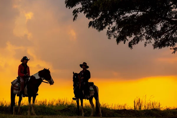 Three Men Dressed Cowboy Garb Horses Guns Cowboy Riding Horse Rechtenvrije Stockafbeeldingen