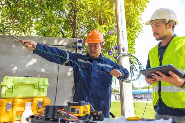 Fusão Emenda Sinal Internet Cabo Fibra Óptica Conexão Fio Usando — Fotografia de Stock