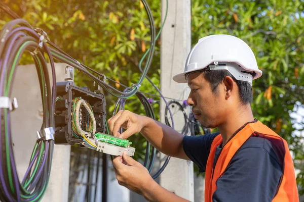 Conector Reparación Del Ingeniero Las Fibras Bandeja Divisoria Primer Plano —  Fotos de Stock