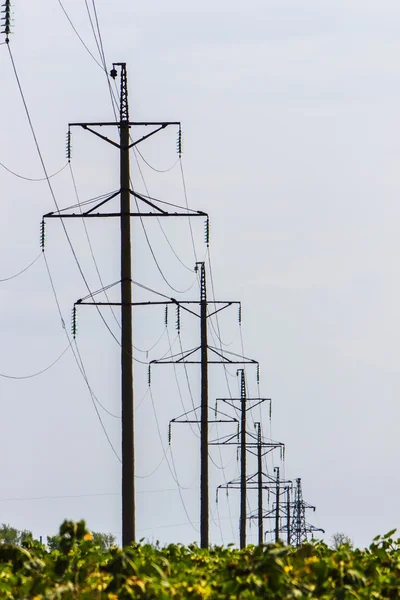 Fios de alta tensão linhas de transmissão de energia — Fotografia de Stock