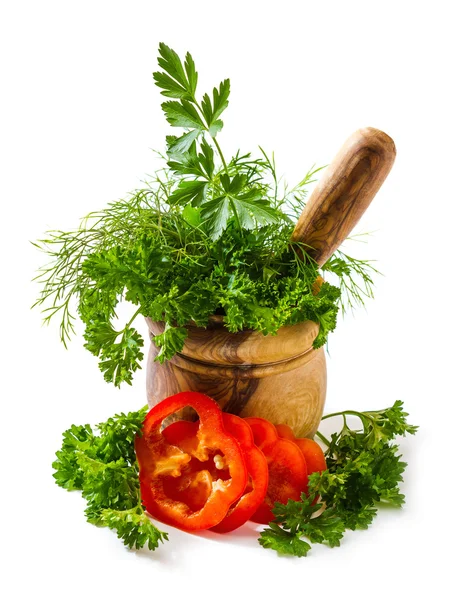 Spices and herbs in a mortar — Stock Photo, Image