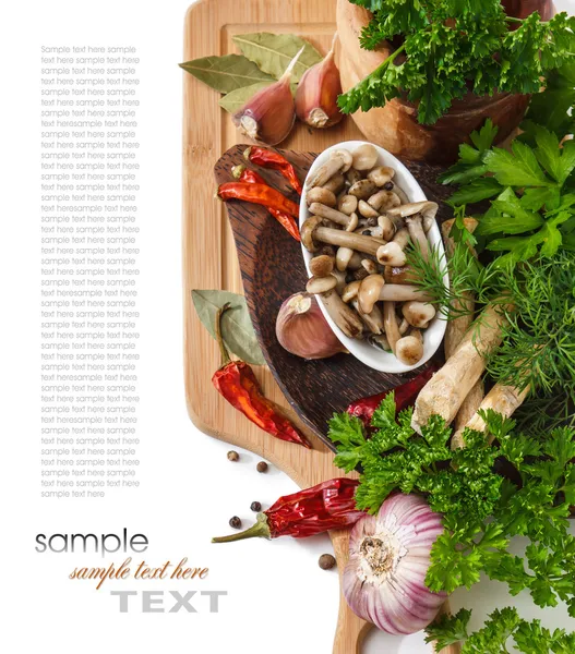 Marinated mushrooms in a cup on the background of spices — Stock Photo, Image