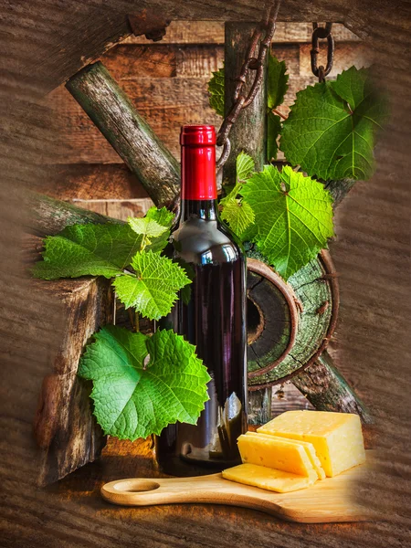 Una botella de vino en el fondo de la vid —  Fotos de Stock