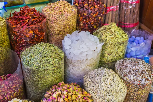 Dried herbs flowers spices in the spice souq at Deira — Stock Photo, Image