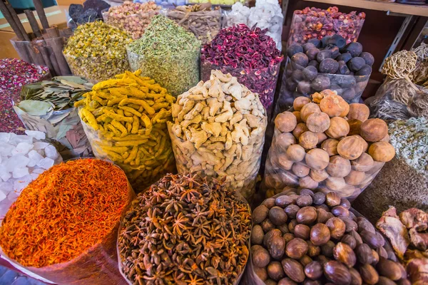 Dried herbs flowers spices in the spice souq at Deira — Stock Photo, Image