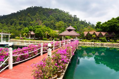 Koh Chang, Tayland - 31 Mart 2015: Klong Prao Resort. Körfezde bir tropik bahçe içinde kotec