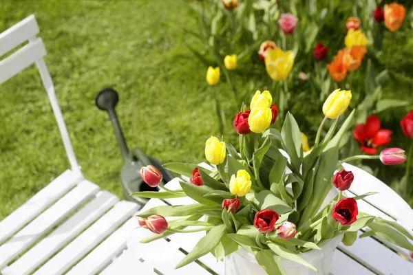 Bouquet of tulips on a garden table — Stock Photo, Image