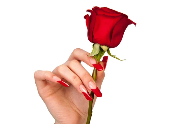 Human fingers with long fingernail and beautiful manicure isolated on black — Stock Photo, Image