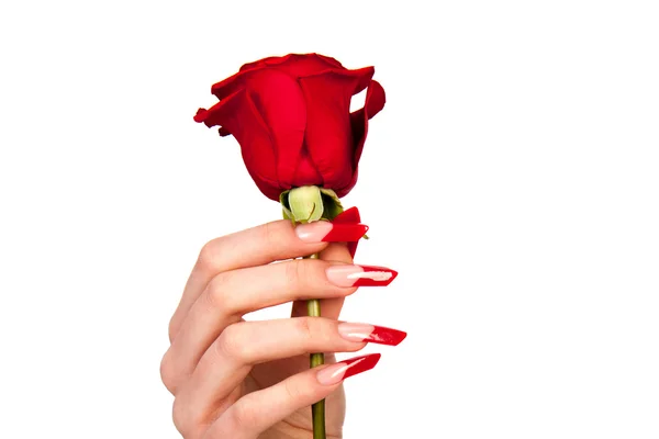 Human fingers with long fingernail and beautiful manicure isolated on white — Stock Photo, Image