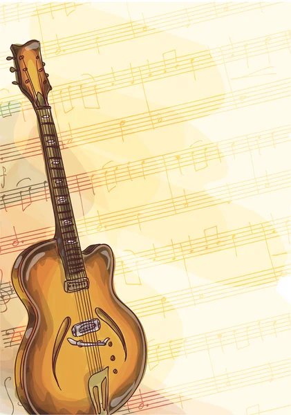 Bajo Guitarra sobre fondo musical con notas hechas a mano . — Vector de stock