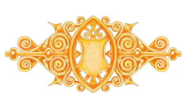 Zlato se procházely vyšňořené dobovým dekorem s heraldický štít. — Stockový vektor
