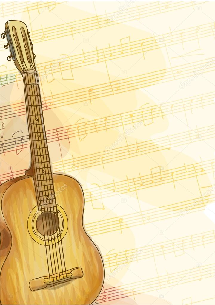 Guitar on music background. Watercolor style.