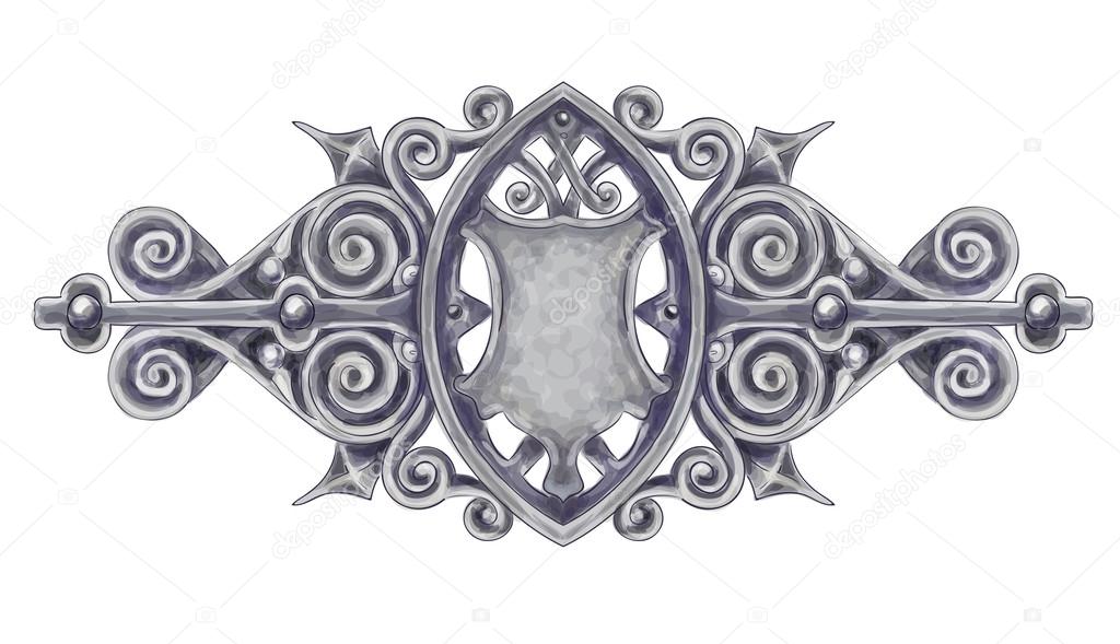 Ornated silver vintage decor with heraldic shield. Stock Vector by