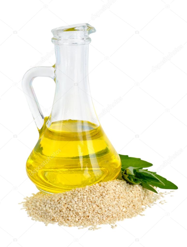 Sesame oil oil in a glass jug.
