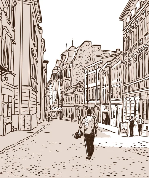 The ancient European foot street paved by a stone blocks. — Stock Illustration The ancient European foot street paved by a stone blocks. Stock Illustration