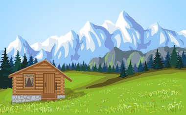 Mountain landscape vith wooden house. clipart