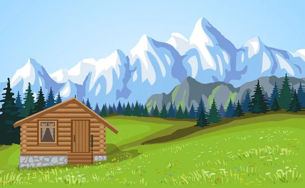 Mountain landscape vith wooden house. — Stock Vector