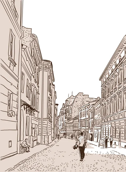 La antigua calle peatonal europea pavimentada por bloques de piedra . — Archivo Imágenes Vectoriales