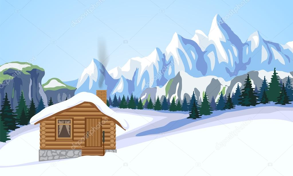 Winter mountain landscape with house.