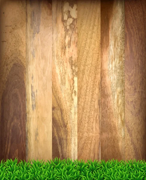 Tavole di legno con erba verde. — Vettoriale Stock