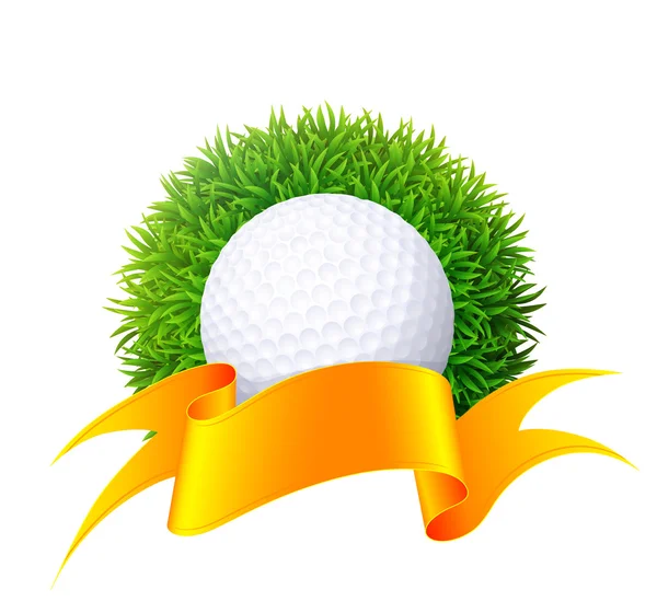 Pelota para golf sobre hierba verde con cinta de oro . — Vector de stock