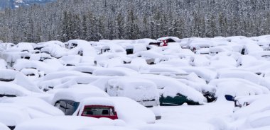 Snow buried cars after blizzard on car park clipart