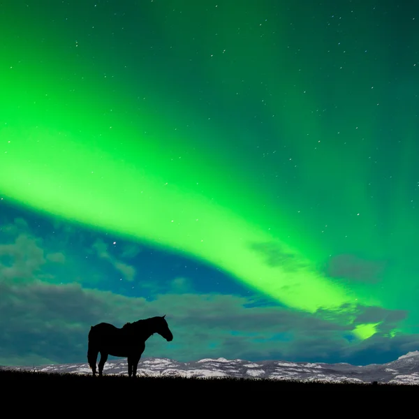 At ile Kuzey ışıkları gök'deki uzak karlı zirveleri — Stok fotoğraf