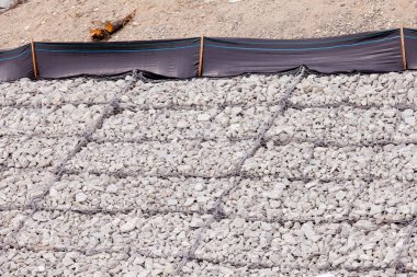Gravel wire mesh bank revetment erosion control clipart
