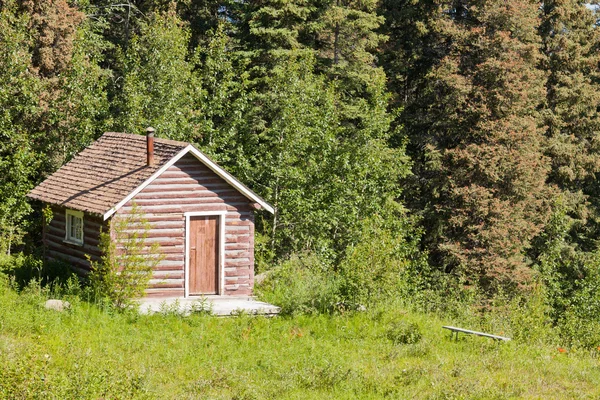 Pequeña cabaña de madera rural en el claro en el bosque — Foto de Stock