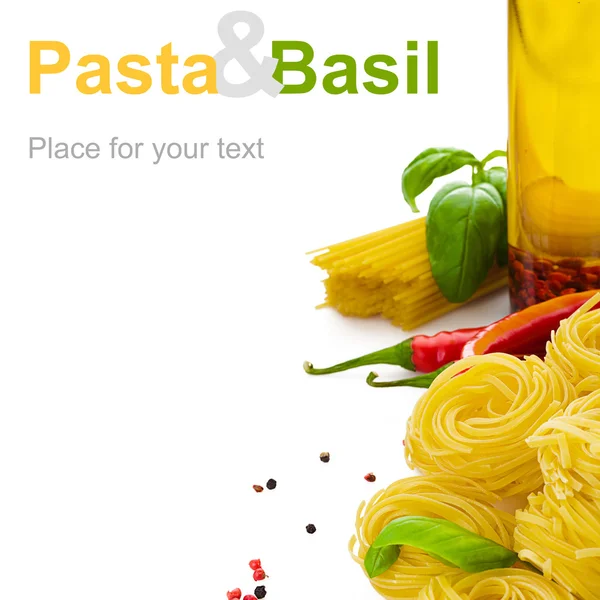 Pasta with basil chili pepper and spicy olive oil on white backg — Stock Photo, Image